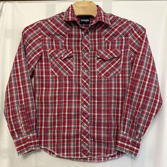 Wrangler‎ Shirt Pearl Snap Mens Size Medium Red Blue Plaid Long Sleeve Western - Picture 1 of 4